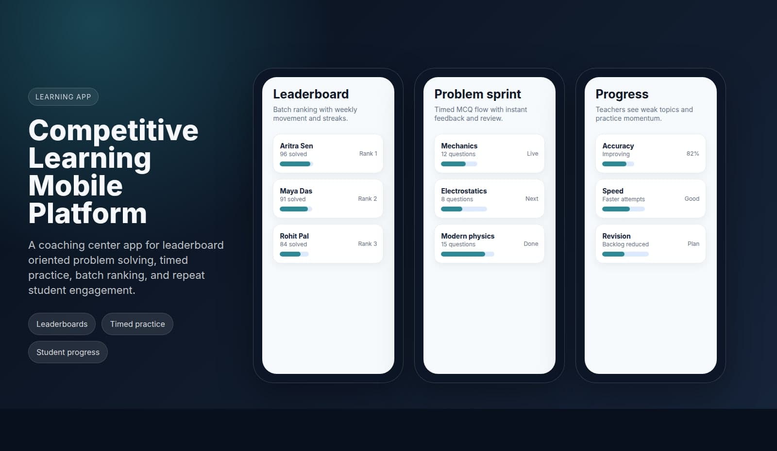 Competitive learning mobile app mockup with leaderboard and practice screens