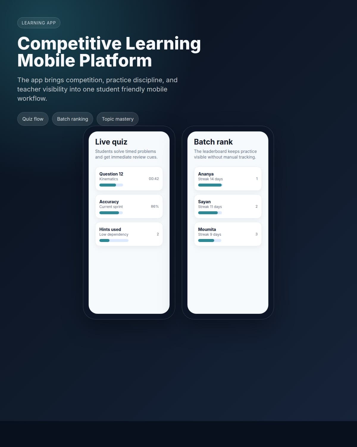 Competitive learning app mockup showing live quiz and batch ranking screens