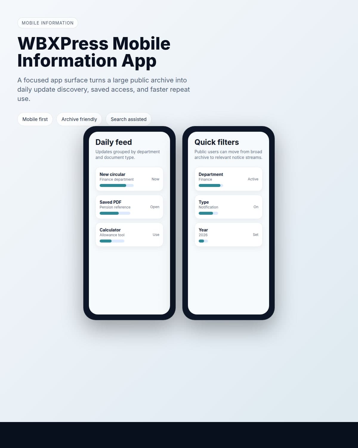 WBXPress mobile app mockup showing daily feed and quick filters
