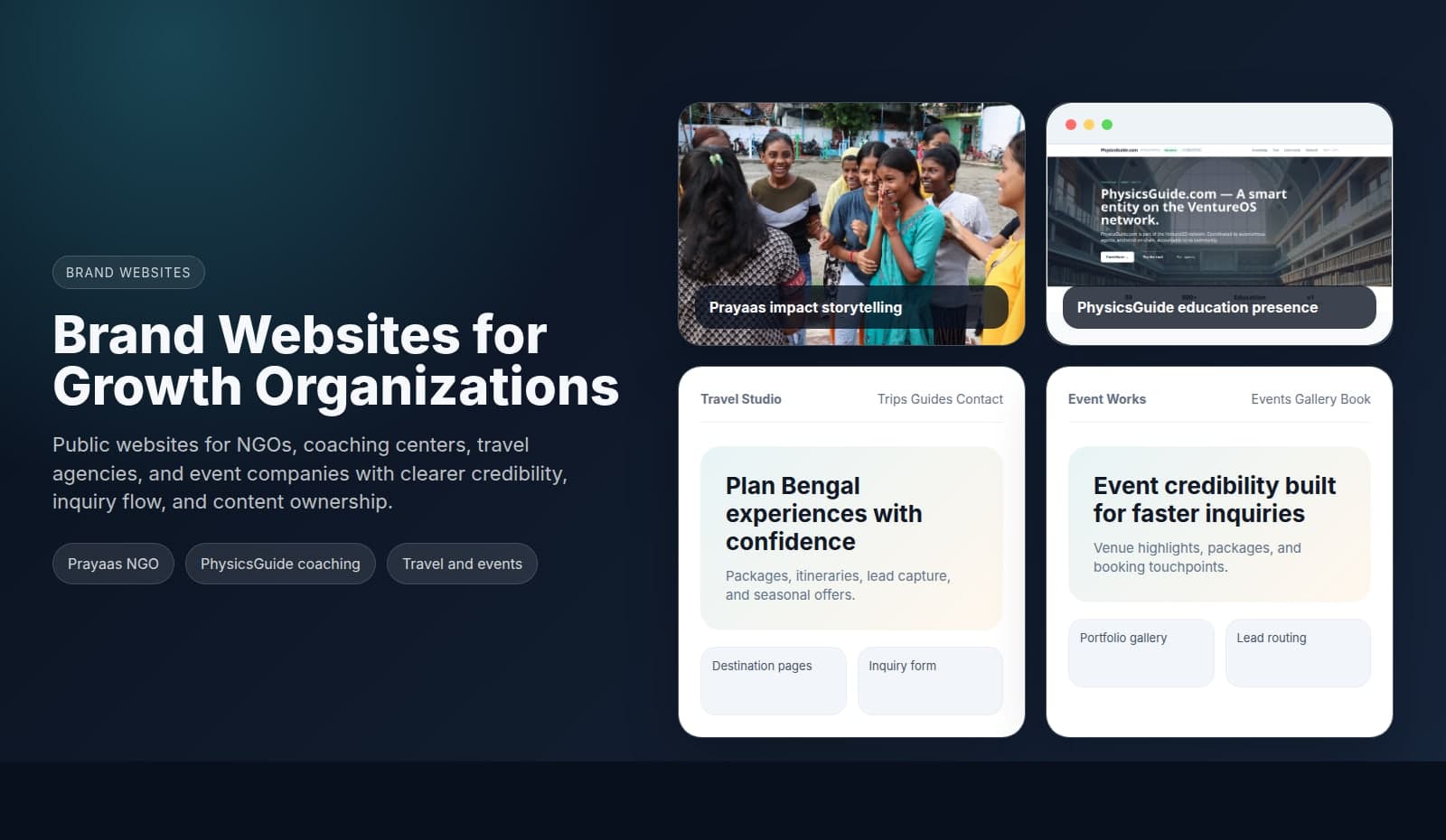 Brand website collage for NGO, coaching, travel, and event organizations