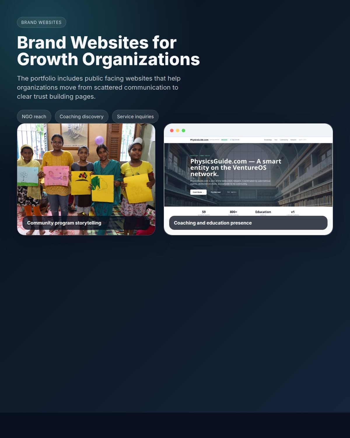 Prayaas and PhysicsGuide website visuals shown as growth organization examples