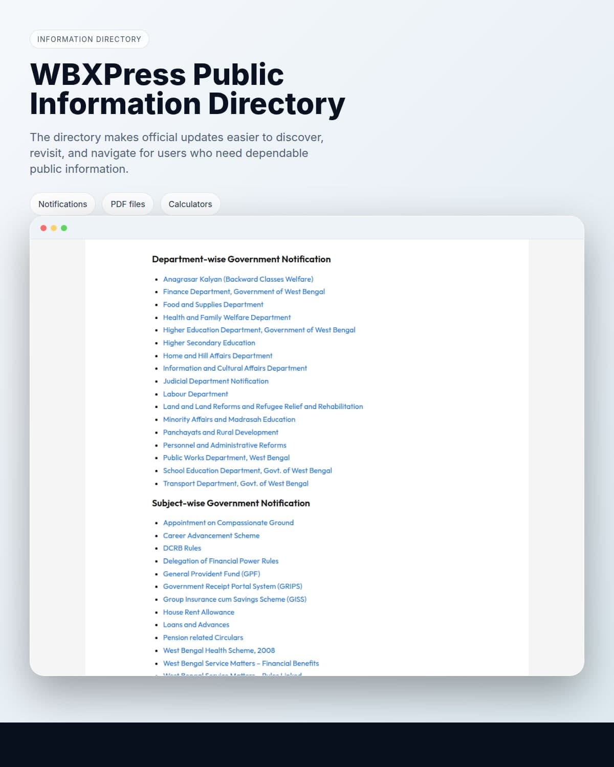 WBXPress public directory and statistics view shown on a tall screen