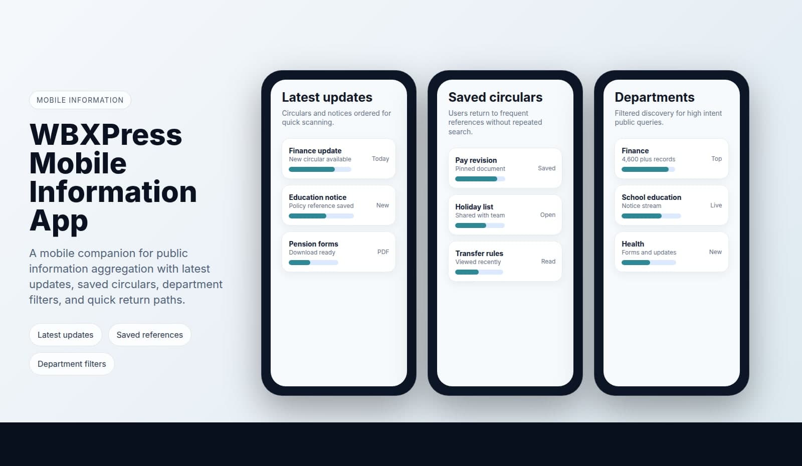 WBXPress mobile information app mockup with latest updates and saved circulars