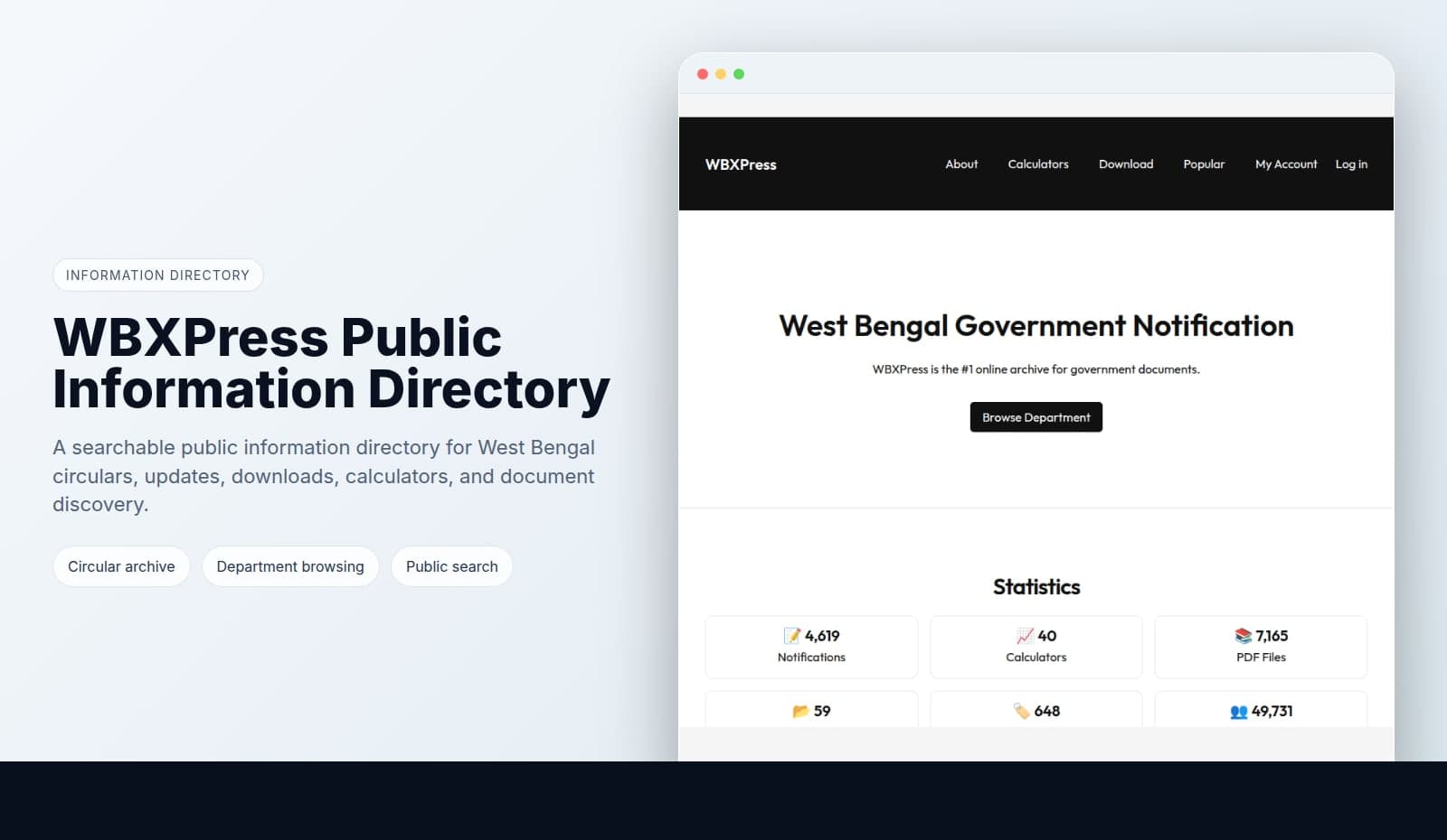WBXPress public information directory shown inside a browser frame